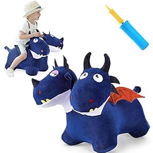 iPlay, iLearn Bouncy Pals Toddler Animal Hopper Toys, Kids Plush Blue Hopping Horse, Inflatable Ride on Dragon W/ Pump, Indoor Outdoor Jumper, Birthday Gifts for 18 24 Month 2 3 4 Year Old Boy Girl