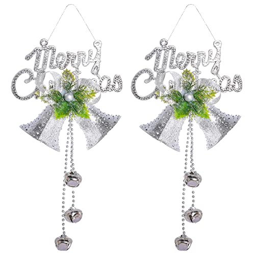 cnomg Glöckchen aus Metall, mit Glöckchen, für die Tür, zum Aufhängen, mit Schleife, Glocke, Baum-Anhänger für Weihnachtsbaum, Kranz, Dekoration, DIY Glocken (Silber, 2) Cover