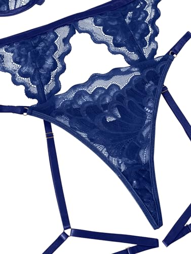 Image of Lilosy Sexy Choker Floral Lace Scallop Sheer Underwire Push Up Garter Belt Lingerie Set 3 Piece