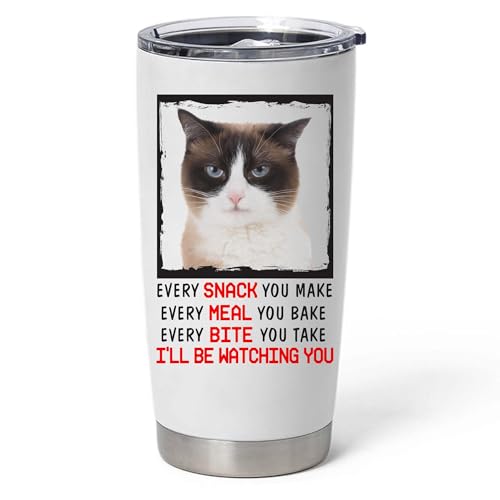 Every Snack You Make I'll Be Watching You Fawn Snowshoe Cat Tumbler 20oz Curved Stainless Steel Vacuum Insulated Cup With Lid Funny Gifts for Cat Lovers