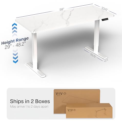 Image of VIVO Marble Dry Erase 60 x 24 in Standing Desk, DESK-KIT-1W6WM | Electric, Holds 220 lbs, Sit Stand, Height Adjustable Whiteboard Marble Pattern Table, One-Piece Top, 1B Series, White Frame