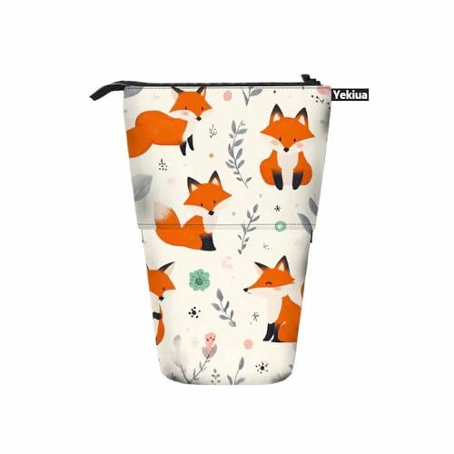 Image of Swono Foxes Flowers Pencil Case Lovely Cute Fox Leaf Standing Pencil Case Pencil Holder Pencil Pouch Cosmetics Pouch Makeup Office Bag Beige