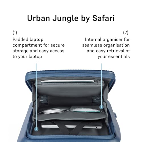 Image of Urban Jungle by Safari, Cabin Trolley Bag with Laptop Compartment, Hardside Polycarbonate Small (55 Cm) Suitcase with USB Charging Socket, 8 Silent Wheel Luggage for Both Men & Women (Skyline Blue)