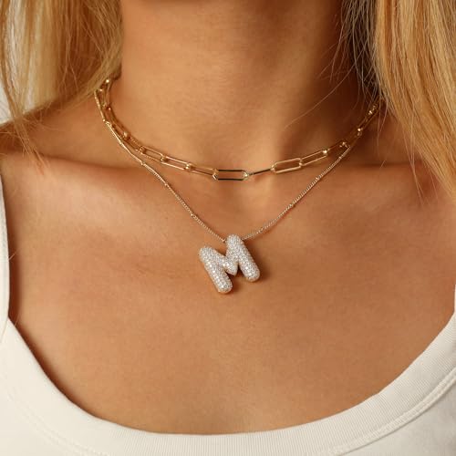 Ascona A-Z Letter Necklace Gold, Layered Balloon Initial Necklaces Rhinestone Letter Pendant Chain Layering Necklaces for Women Jewelry Gift3