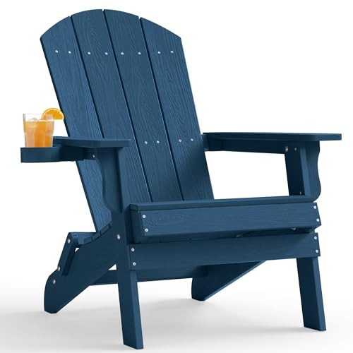 YEFU Adirondack Chair, Oversized Plastic Adirondack Chair Folding Outdoor Chairs with Cup Holder, Lawn Chair with Weather Resistant for Outside Deck Lawn Garden, Weight Capacity Up to 400 Lbs –Navy