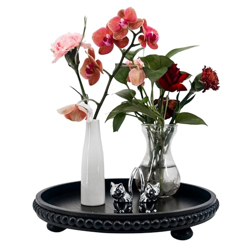 FramePro Decorative Tray 12in Round Wood Beaded - Black Serving