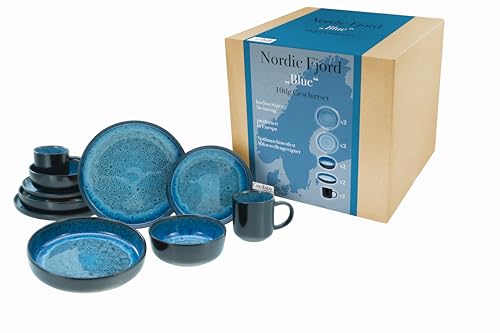 CreaTable, 21548, Série Nordic Fjord Blue, Set de 10 pièces de vaisselle, service combiné en grès