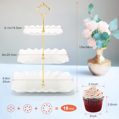 Coitak 3 Tier Cupcake Stand, Plastic Tiered Serving Stand, Square Dessert Tray for Tea Party, Birthday and Wedding (Pure White)