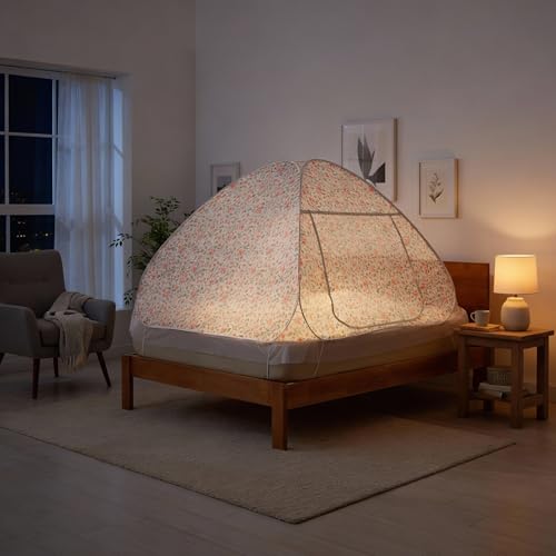 Image of Wakefit Floral Print Mosquito Net for Double Bed | King Size Foldable Machardani | Lightweight & Breathable | Polyester 30GSM Strong Net | PVC Coated Corrosion Resistant Steel Wire - Floral