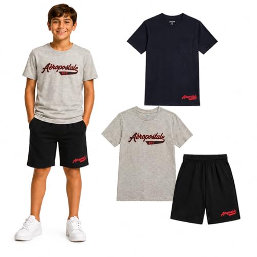 Image of AEROPOSTALE Boys Athletic Shorts Set 3 Piece Graphic T Shirts Fleece Shorts | Soft Breathable Jersey Tees, Elastic Waistband, Side Pockets, Screen-print Design, Durable Stitching for School & Play