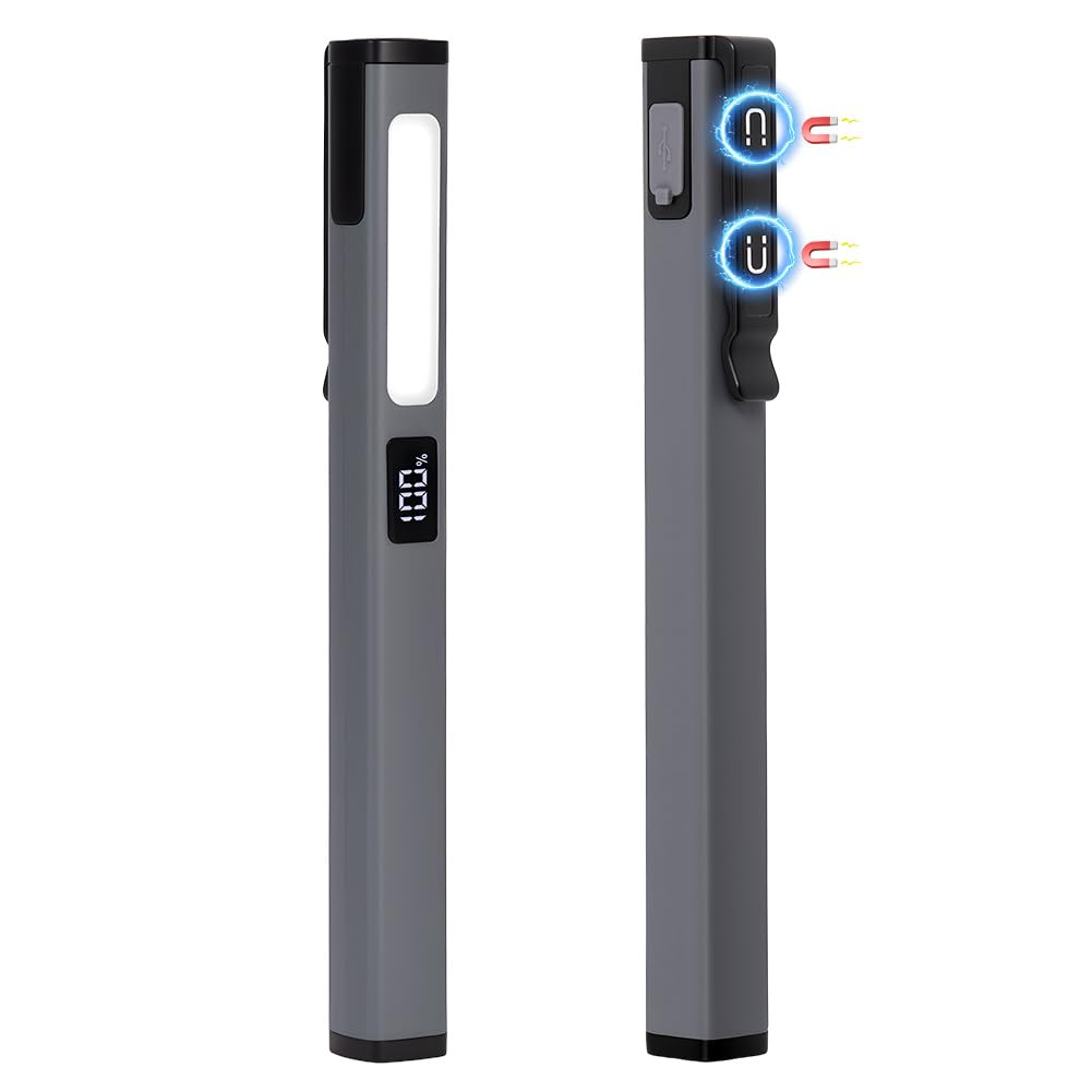 AXFEE LED Arbeitsleuchte Werkstattlampe, LED-Stiftlampe Aufladbar mit USB-C-Kabel, Batterieanzeige,Magnet Clip, 6-Modus Dimmbar Inspektionsleuchte, COB Handlampe für Camping Notfälle Werkstatt(Grau)