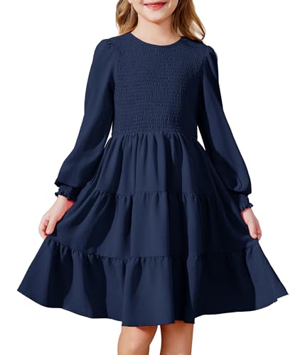 Arshiner Girls Dress Fall Boho Long Sleeve Shirred Smocked Tiered Party Dresses with Pockets