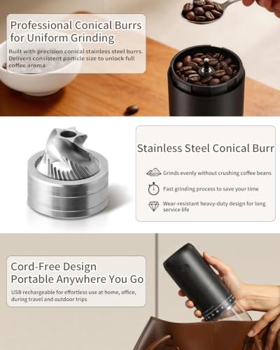 CIRCLE JOY Wiederaufladbare Elektrische Kaffeemühle, Tragbare Kabellose Kaffeebohnenmühle mit Edelstahl-Kegelmahlwerk, 90 Externe Mahlgradeinstellungen, für Zuhause, Büro und Outdoor – Bild 3