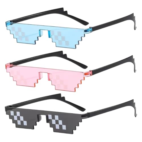 AVUELOI 3 piezas lentes de sol Thug Life, lentes de mosaico de píxeles para fiestas, divertidos, unisex, accesorios de fotos para mujeres, hombres y niños, negro, azul y rosa