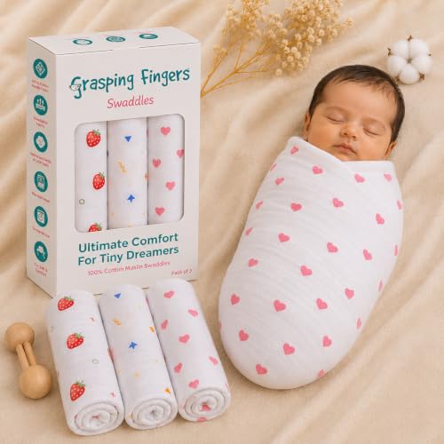 Image of Muslin Cotton Baby Swaddle | 110 x 100 cm | Ultra-Soft, Breathable & Lightweight | Multipurpose | Hypoallergenic | Unisex | Ideal Newborn Baby Gift (Heart /Strawberry /Confetti)