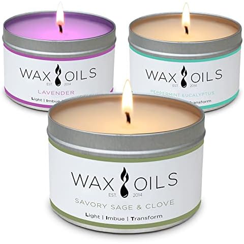WAX OILS EST. 2014 Scented Candles - Lavender, Sandalwood & Peppermint Eucalyptus (Pack of 3) Soy Aromatherapy Candles, 8oz Cover