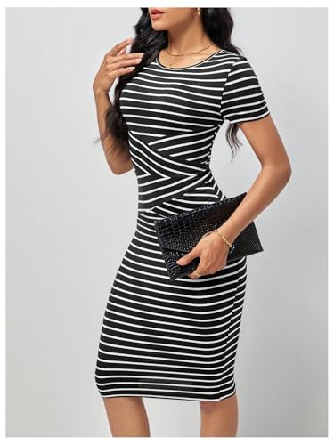 SHENHE Women's Striped Dress Short Sleeve Bodycon Elegant Knee Length Office Pencil Dress2