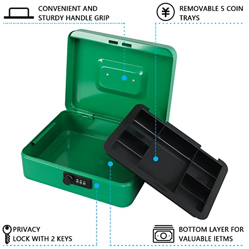 Image of KYODOLED Large Cash Box with Combination Lock,Safe Metal Box for Money, Storage Lock Box with Money Tray,9.84 inchx 7.87 inchx 3.54 inch Green Large