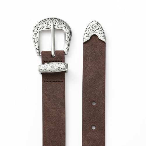 Brown Suede Western Belt for Women Trendy Cowboy Belt with Silver Buckle Fashionable Retro Waist Belt for Jeans3