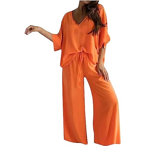 ZDRZK amazon of prime membership 2piece Set Outfit For Women Cotton Casual Summer V-Neck Mid Sleeve Lounge Sets High Waist Pants Sets 2024 Trendy prime of day sales today Orange M Cover