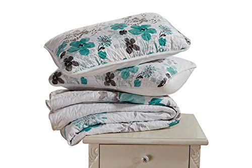 Luxury Home Collection 3 Piece Full/Queen Quilted Reversible Coverlet Bedspread Set Floral Printed Turquoise White Gray #TOP2