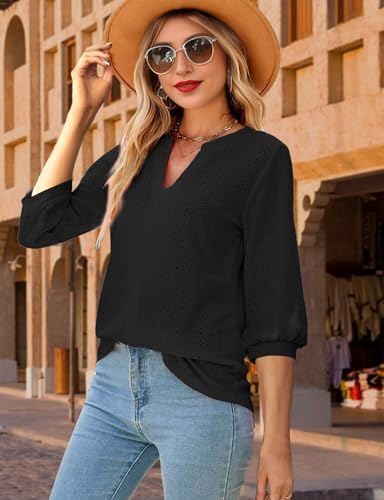 Buauty 3/4 Length Sleeve V-Neck Womens Tops Summer Trendy Loose Eyelet T-Shirts Casual Dressy Tunic Blouses3
