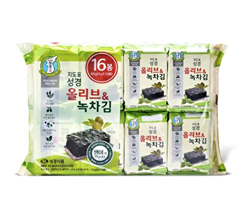 SUNG GYUNG Olive & Green Tea Seaweed Snack Pack of 16, Traditional Nori from South korea, [K-SEAFOOD PAVILION], Korean Food