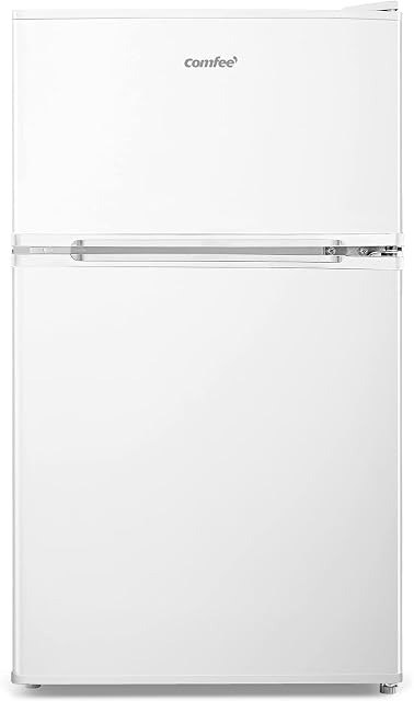 COMFEE' RCT87WH1(E) Under Counter Fridge Freezer, 87L Small Fridge Freezer with LED Light, Removable Shelves, Adjustable Thermostats and Legs, White