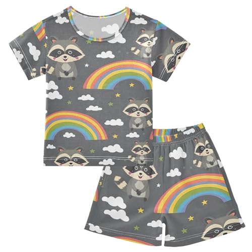 ALAZA Raccoon Rainbow Cloud Star Pajamas Short Sleeve 2 Piece Sleepwear Top and Bottom Pajama Set Unisex