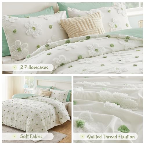 Image of Full Size Comforter Set for Girls Boho Sage Green Flowers Bedding Set