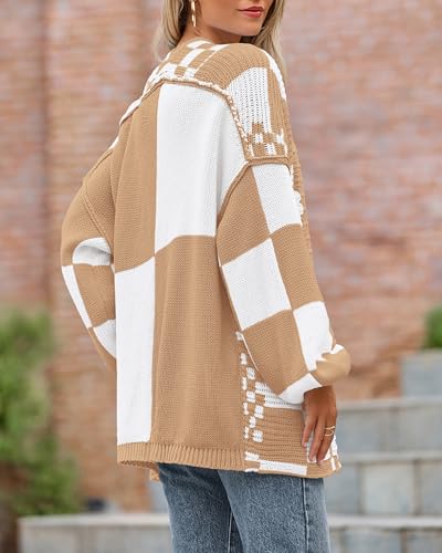 Image of BTFBM Casual Cardigan Sweater for Women Fall 2026 Long Sleeve Open Front Chunky Knit Sweaters Checkered Outwear Coat