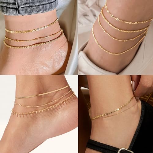 Image of iF YOU Gold Ankle Bracelets for Women, 14k Gold Plated Waterproof Cuban Link Chain Anklets Set, Layered Anklet Bracelets for Women Beach Gift Adjustable Size 5pcs