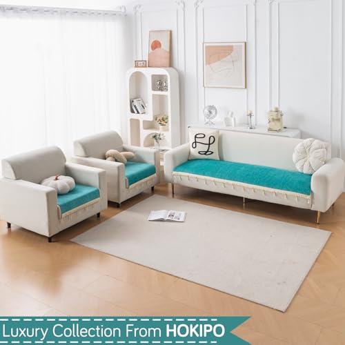 Image of HOKIPO 'Serenity Tassel' Chenille Sofa Cover 5 Seater Set with Tassels - Washable 3+1+1 Sofa Cover Mat | Ocean Teal (IN-890 * 2 + IN-892 - SBL)