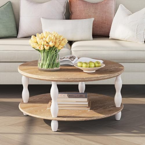 karlott Farmhouse Coffee Table, 30.3" Round Coffee Tables for Living Room, Solid Wood Veneer 2-Tier Center Table with Storage Shelf, Pine Leg, Boho Rustic, Easy Assembly, Cream Beige