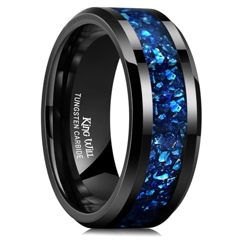 King Will 8mm Meteorite Tungsten Rings for Men Blue Opal Inlay Wedding Bands Black Plated Polished Beveled Edge Engagement Anniversary Comfort Fit Size 9