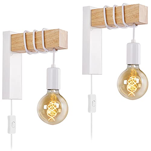 Juego de dos apliques de pared industriales con cable, lámpara de pared blanca enchufable para dormitorio, mesita de noche, lectura, sala de estar, granja, madera, montaje en pared, E27, con