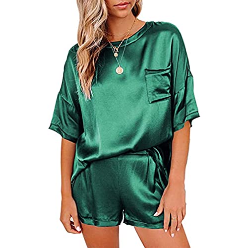 LEISHENT Ensembles De Pyjama en Satin pour Femmes Vêtements De Nuit Lingerie Sexy Cami 2 Pièces Pyjamas Et Shorts À Manches Courtes pour Le Service À Domicile,Vert,XL Cover