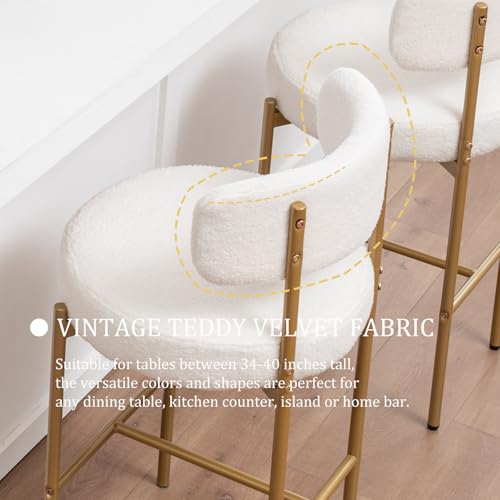 Image of Cinxzar Boucle Bar Stools Set of 3, White Counter Height Bar Stools with Backs, Gold Modern Barstools for Kitchen Island, Pub, Club