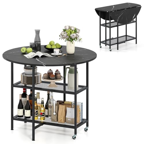 Giantex 40" Folding Dining Table with Lockable Wheels, Storage Shelves, Space-Saving Drop Leaf, Movable & Expandable Round Kitchen Table for Dinette Small Place Apartment Living Room (Black)