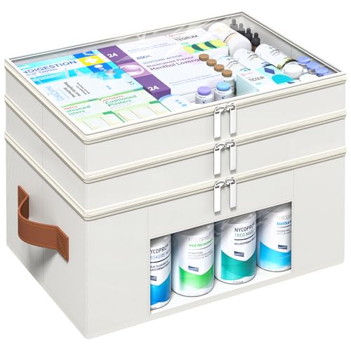 ISusaid 3-Tier Medicine Organizer for Cabinet, Foldable Medicine Storage Box with Clear Cover and Leather Handle, Empty First Aid Kit for Home and Travel