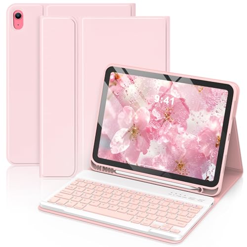 MMK for iPad 11th 10th Generation Case with Keyboard (2022, 10.9'), Wireless Detachable Keyboard, with Pencil Holder for iPad 11 inch (A16 2025), 10th Gen (10.9 Inch 2022) Pink
