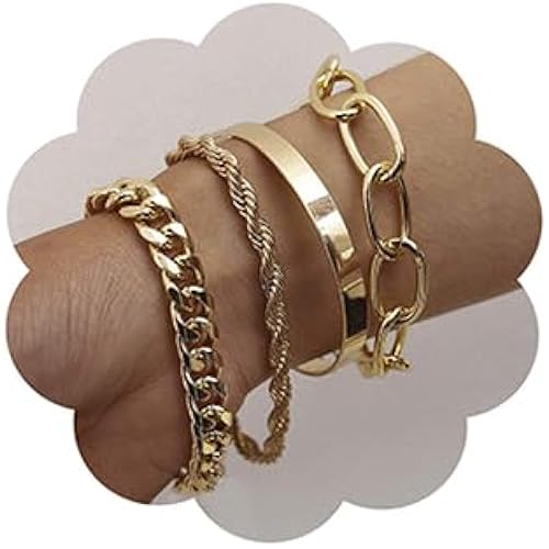 Dainty Boho Chain Bracelets Set for Women Adjustable Fashion Beaded Chunky Flat Cable Chain Punk Bracelets for Women Gift Set of 4
