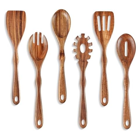 KARRYOUNG Acacia Wood Spoons for Cooking Set of 6, Wooden Cooking Utensil Set, Wooden Spatula, Slotted & Pasta Spoon, Solid Wood Cooking Spoons Cover