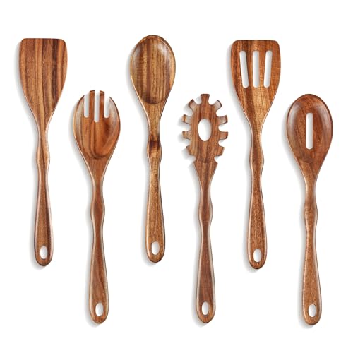 KARRYOUNG Acacia Wood Spoons for Cooking Set of 6, Wooden Cooking Utensil Set, Wooden Spatula, Slotted & Pasta Spoon, Solid Wood Cooking Spoons