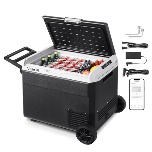 VEVOR 63.4QT/60L Car Fridge, Portable Electric Cooler with Wheels and Handle, -4?~68?, 12/24V DC and 100-240V AC Compressor Freezer for Outdoor, Camping, Travel, RV, Black