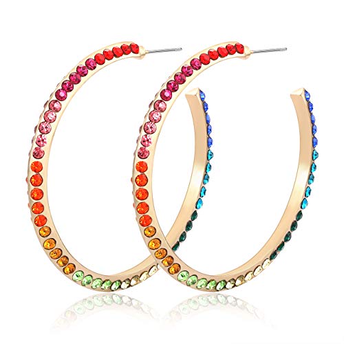 Hoop Earrings for Women Rainbow Rhinestone Pave Hoop Earrings Statement Multi CZ Earrings hoop (color)