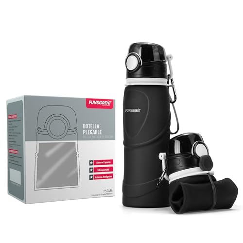 FUNSGREAT Botella Plegable de Silicona 750ML - Hydro Flask Calidad Médica BPA - Botellas de Agua Enrollables y Colgables a Prueba de Fugas para Aire Libre y Deportes - Air Up Bottle (Negro)