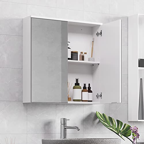 Yaheetech Armoire Murale Salle de Bain, Placard de Rangement Toilettes, avec 2 Portes Miroirs, Étagère Hauteur Réglable 63 x 15 x 65 cm Armoir à Pharmacie