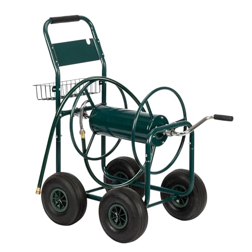 4-Wheel Garden Hose Reel Cart, Portable Residential Hose Reel Cart With Storage Basket,Water Hose Holder, Water Hose Holders For Outside, Hanging Hose Holder, Garden Hose Carrier For Backyard, Lawn
