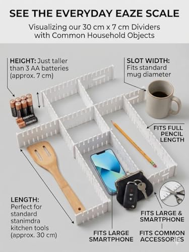 Image of 6 pcs Adjustable Drawer Divider (30 C.M. Length- 7 C.M. Width) Drawer Organizer for Kitchen, Cutlery, Clothes & Storage Drawers - Interlocking Plastic Separators for Home and Office use [ white ]